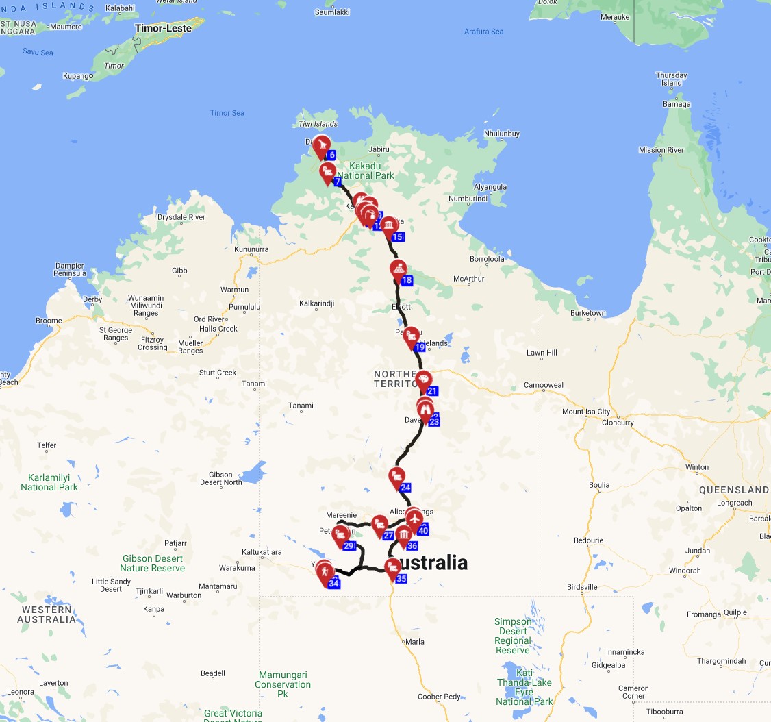 Map for Darwin to Alice Springs - Heritage and Horizons Trail